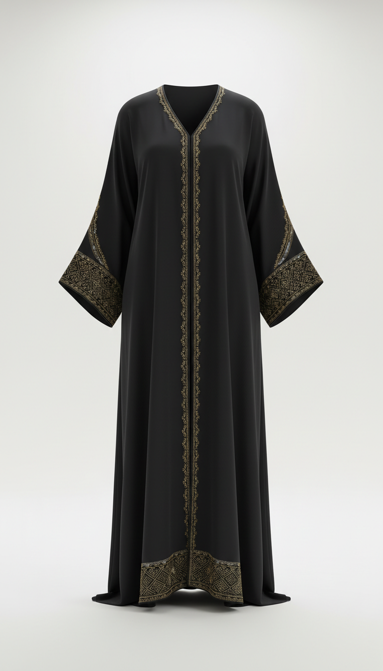 Charcoal Black Crepe Abaya with Gold Detailing