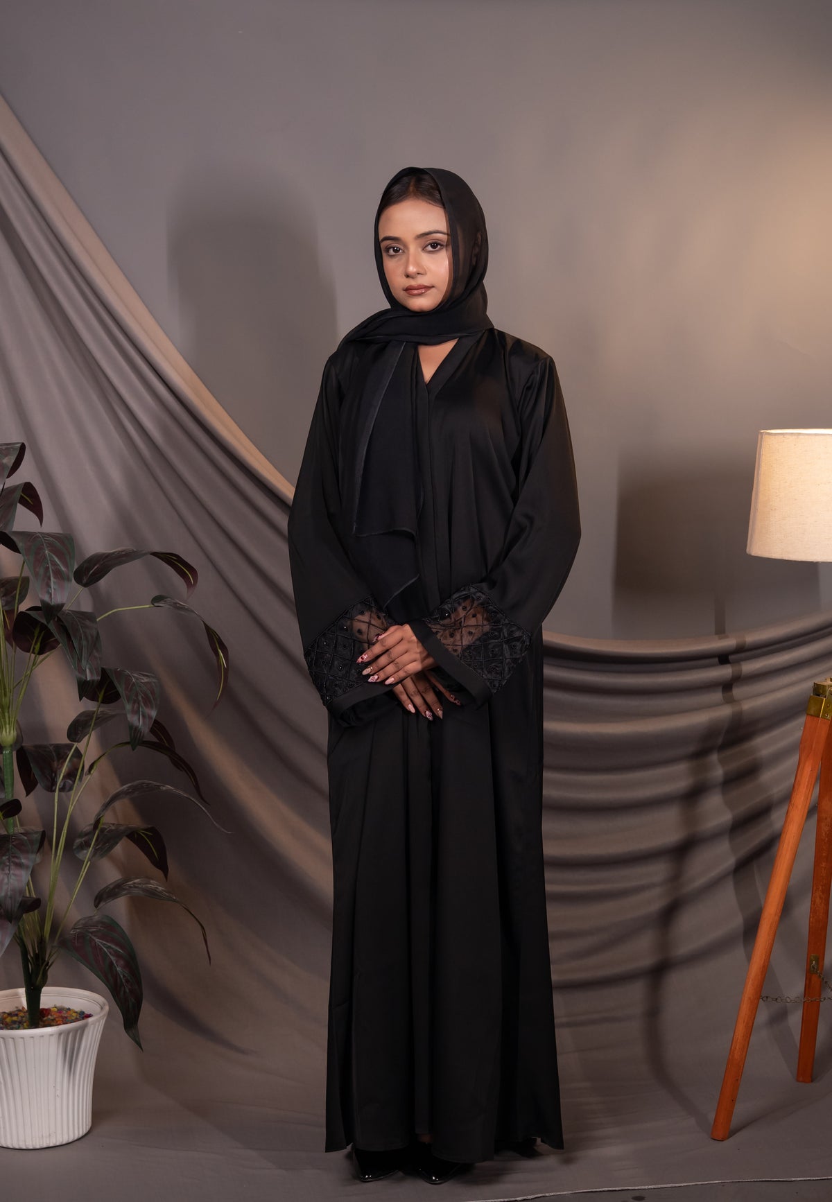 Soft Sand Crepe Abaya with Geometric Lines