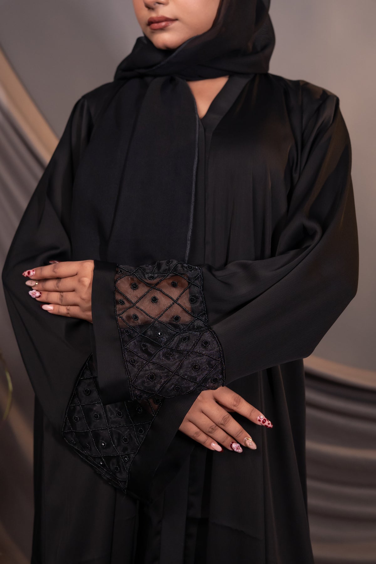Soft Sand Crepe Abaya with Geometric Lines