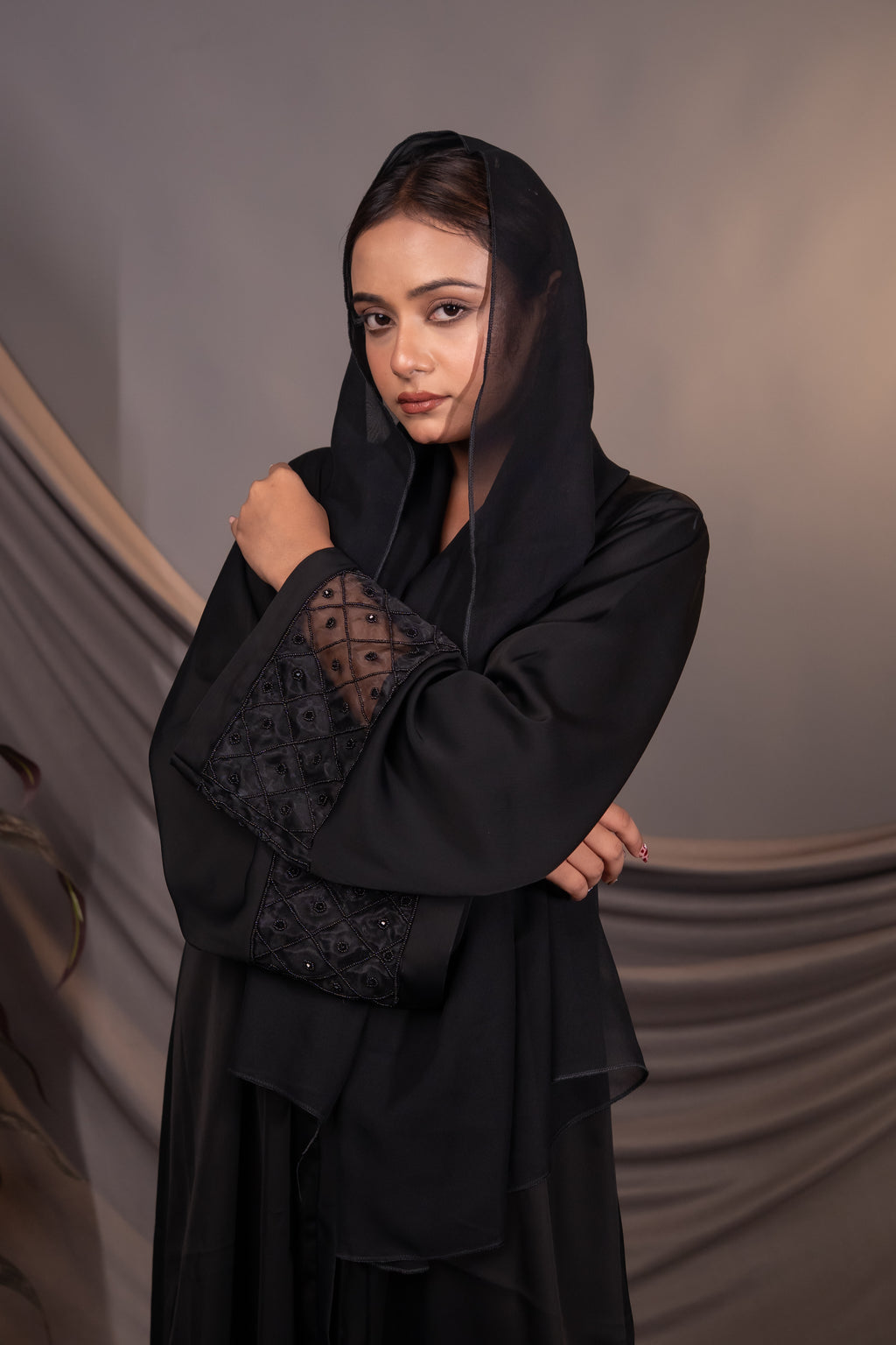 Soft Sand Crepe Abaya with Geometric Lines