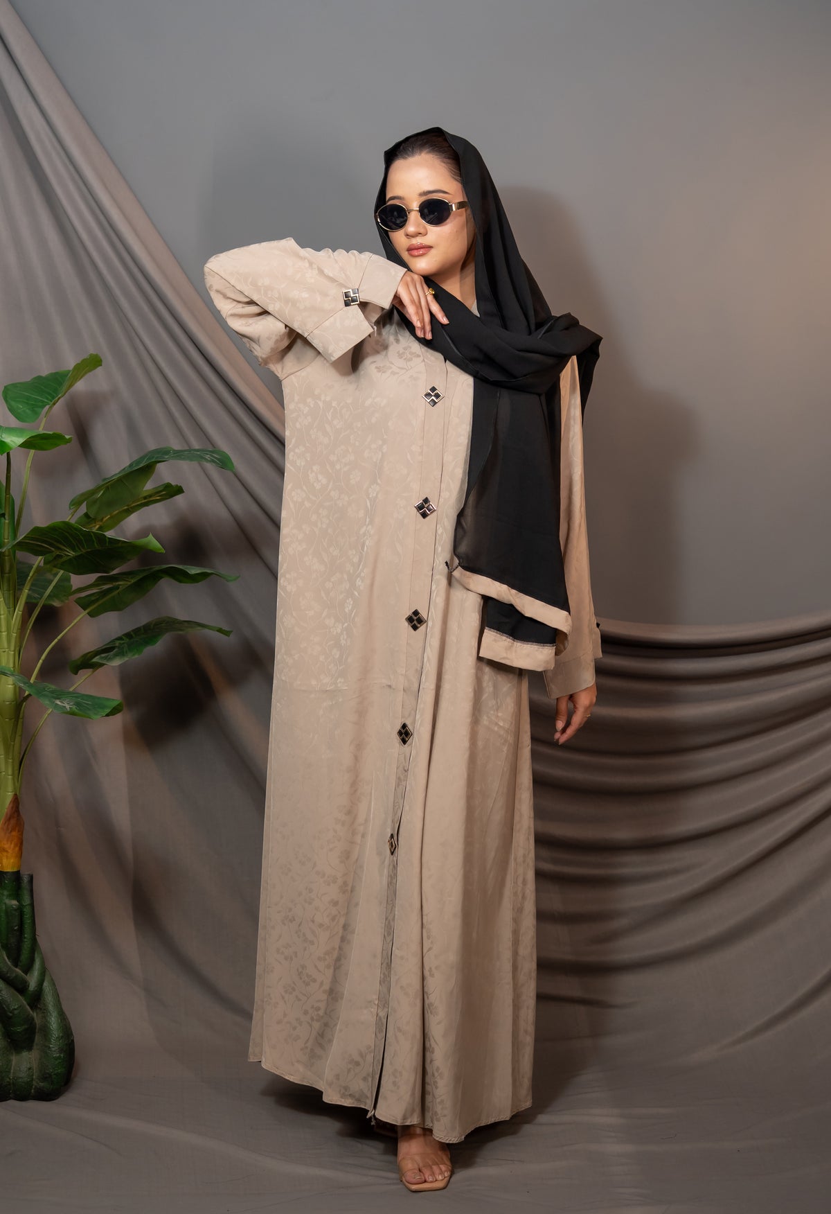 Aurelia Beige Abaya – Textured Button-Front Design
