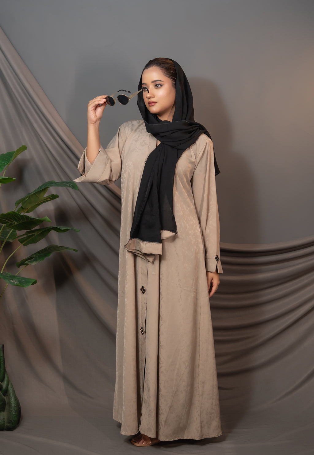 Aurelia Beige Abaya – Textured Button-Front Design