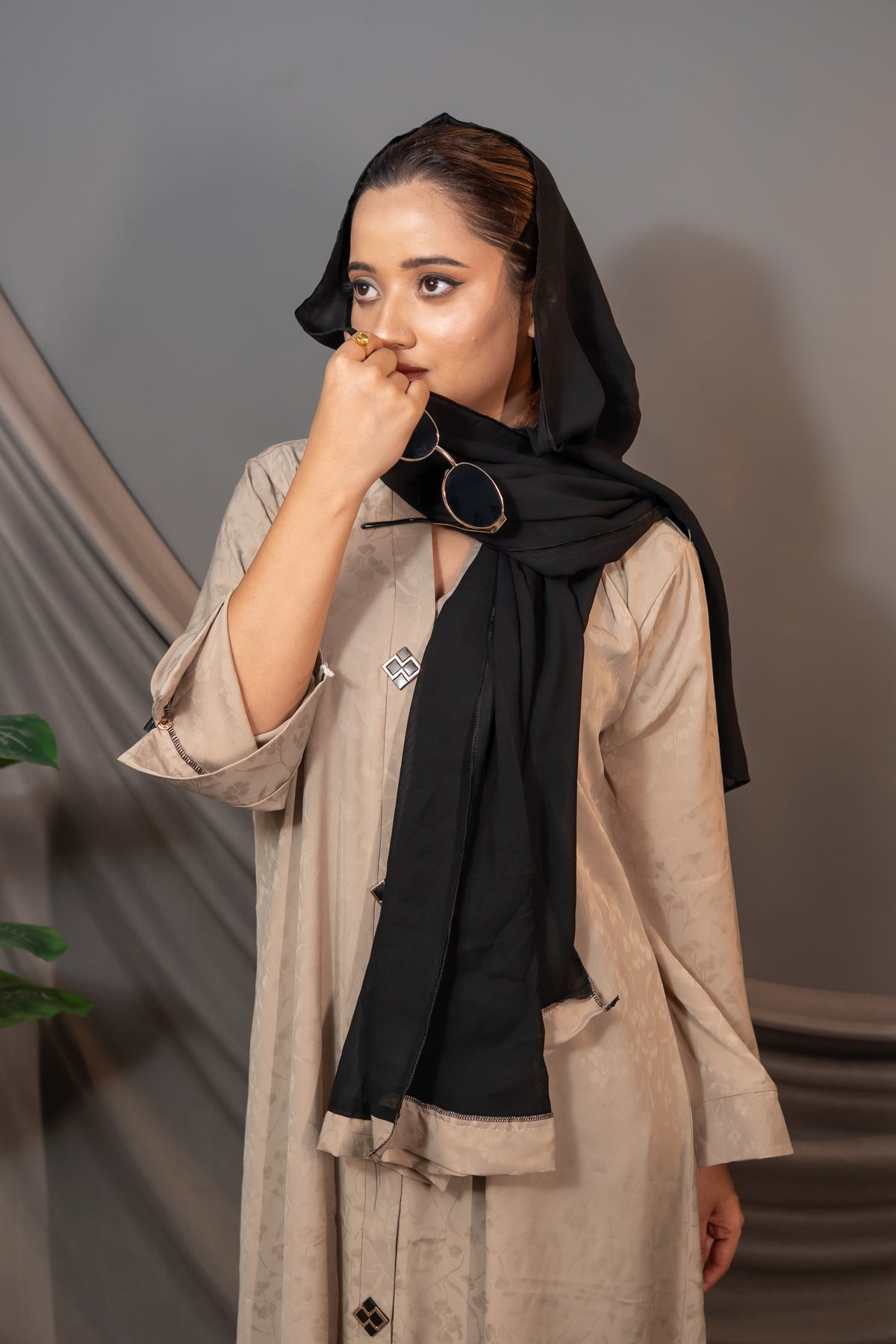 Aurelia Beige Abaya – Textured Button-Front Design