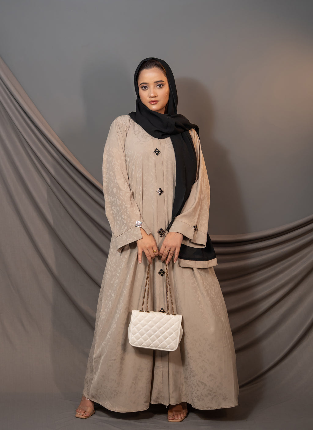 Aurelia Beige Abaya – Textured Button-Front Design