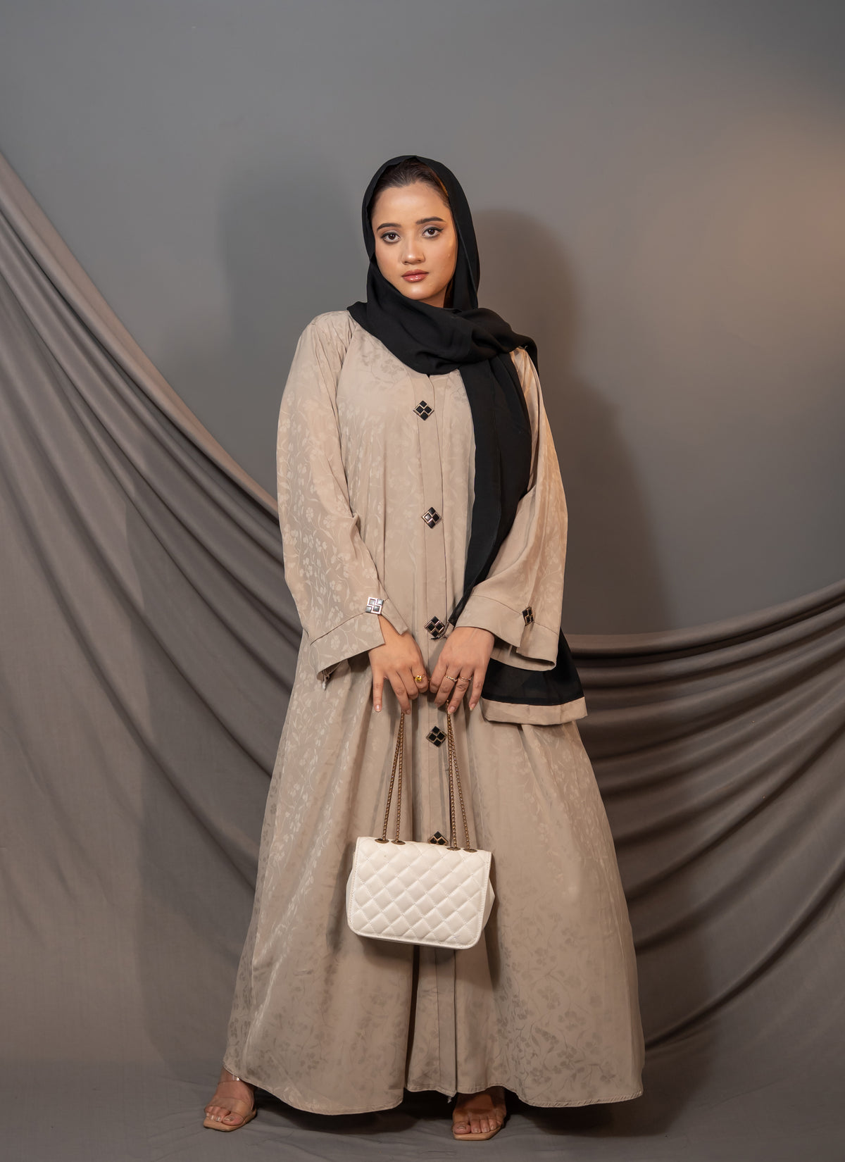 Aurelia Beige Abaya – Textured Button-Front Design