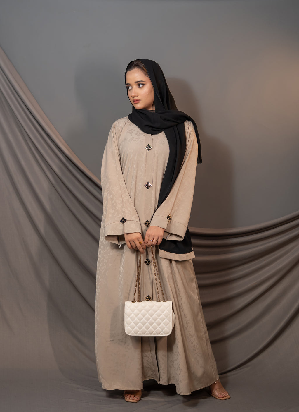 Aurelia Beige Abaya – Textured Button-Front Design
