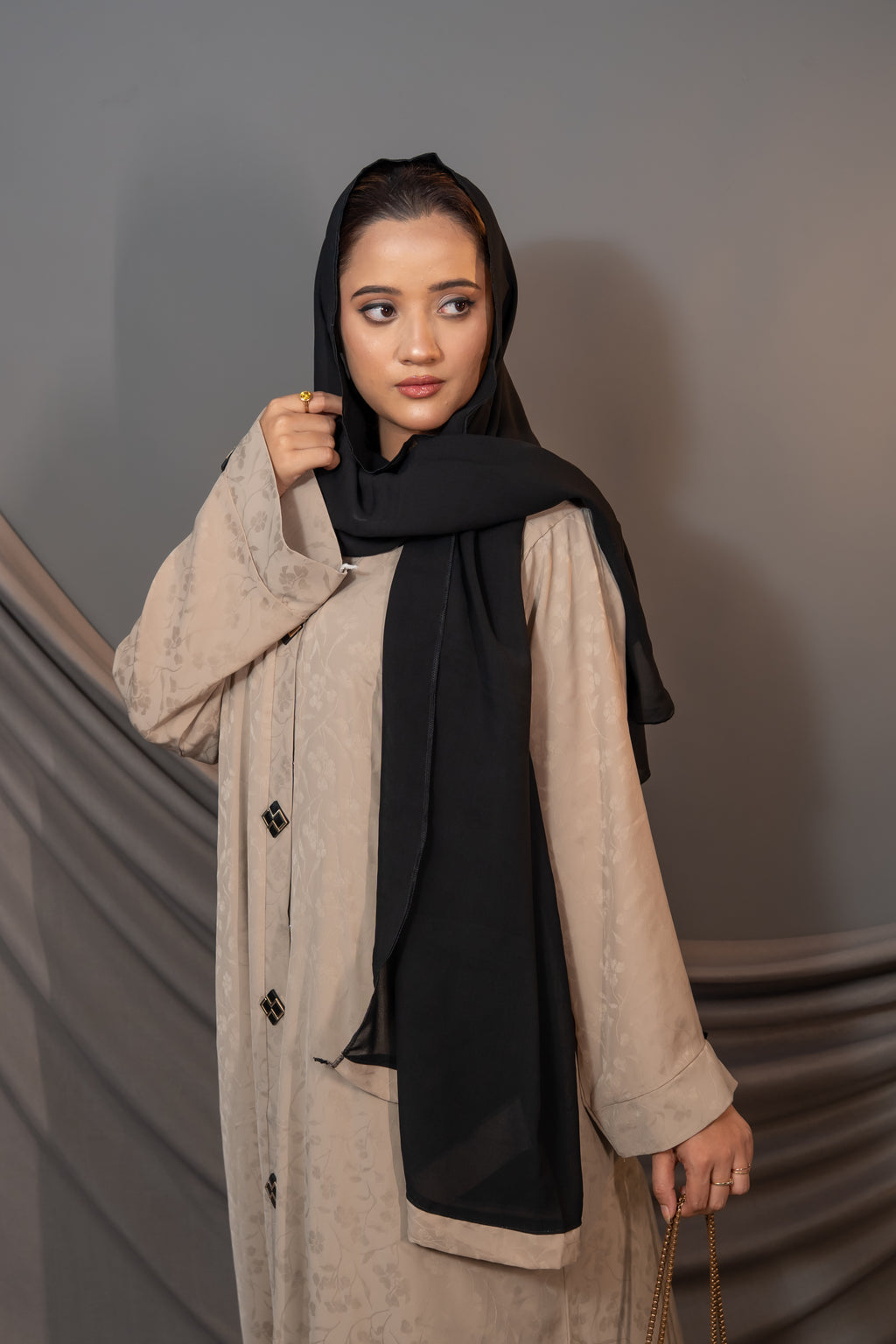Aurelia Beige Abaya – Textured Button-Front Design
