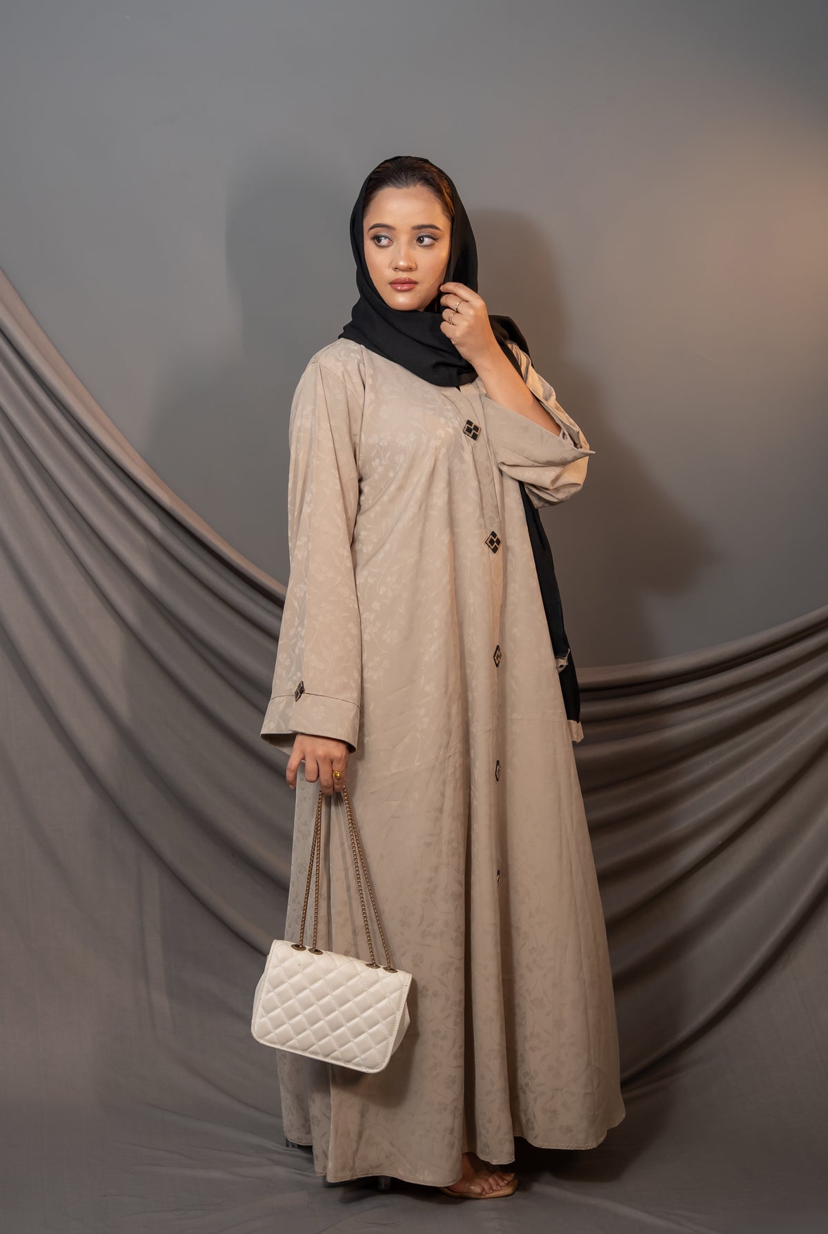 Aurelia Beige Abaya – Textured Button-Front Design