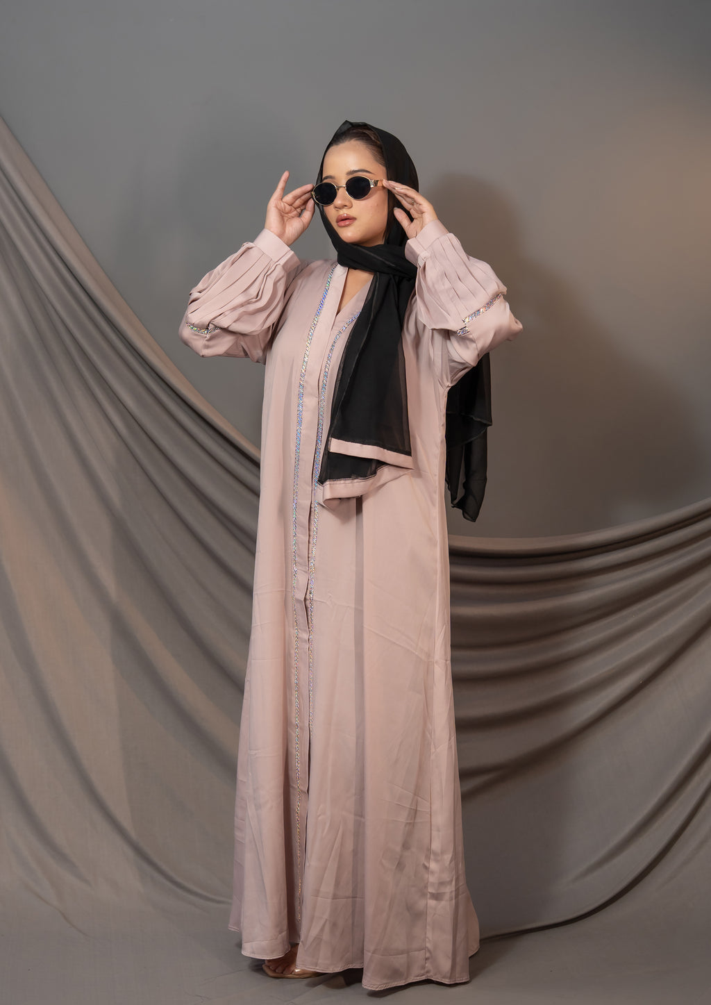 Rosé Lumière Abaya – Embellished Border & Pleated Sleeve Detail