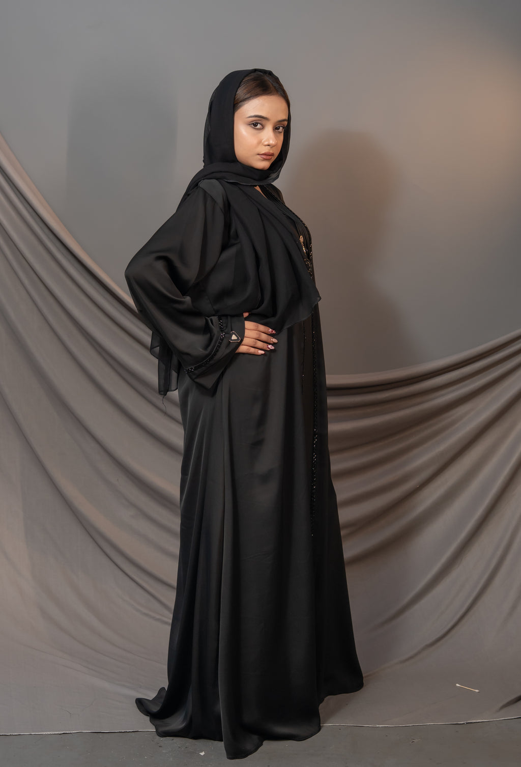 Elysia Black Abaya – Embellished Front & Sleeve Detail