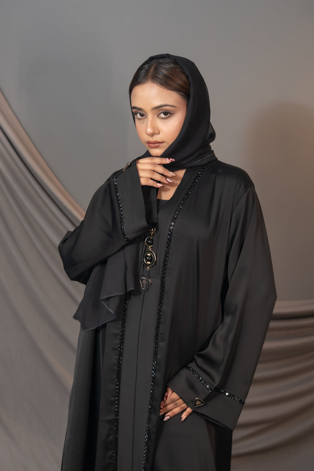 Elysia Black Abaya – Embellished Front & Sleeve Detail