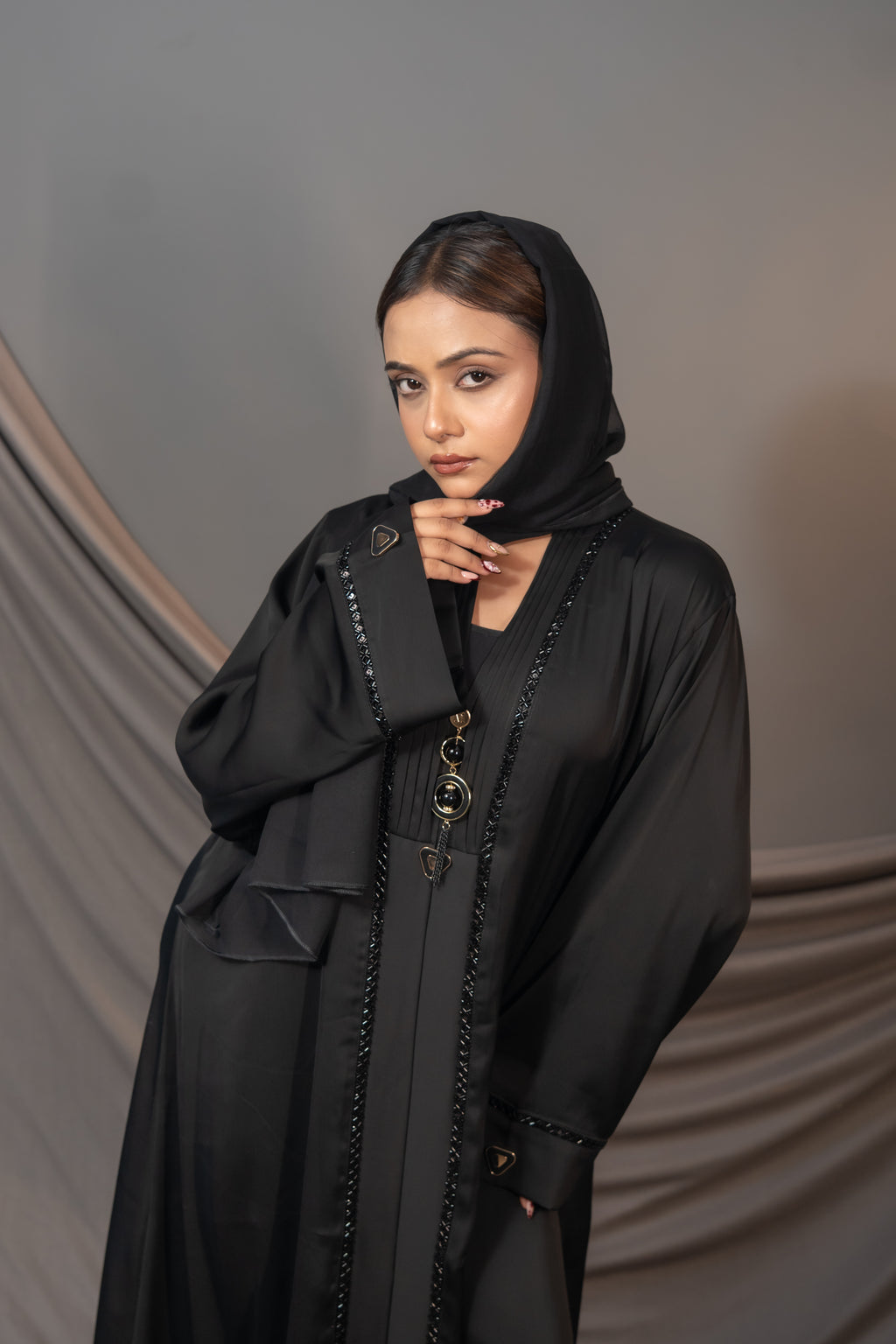 Elysia Black Abaya – Embellished Front & Sleeve Detail