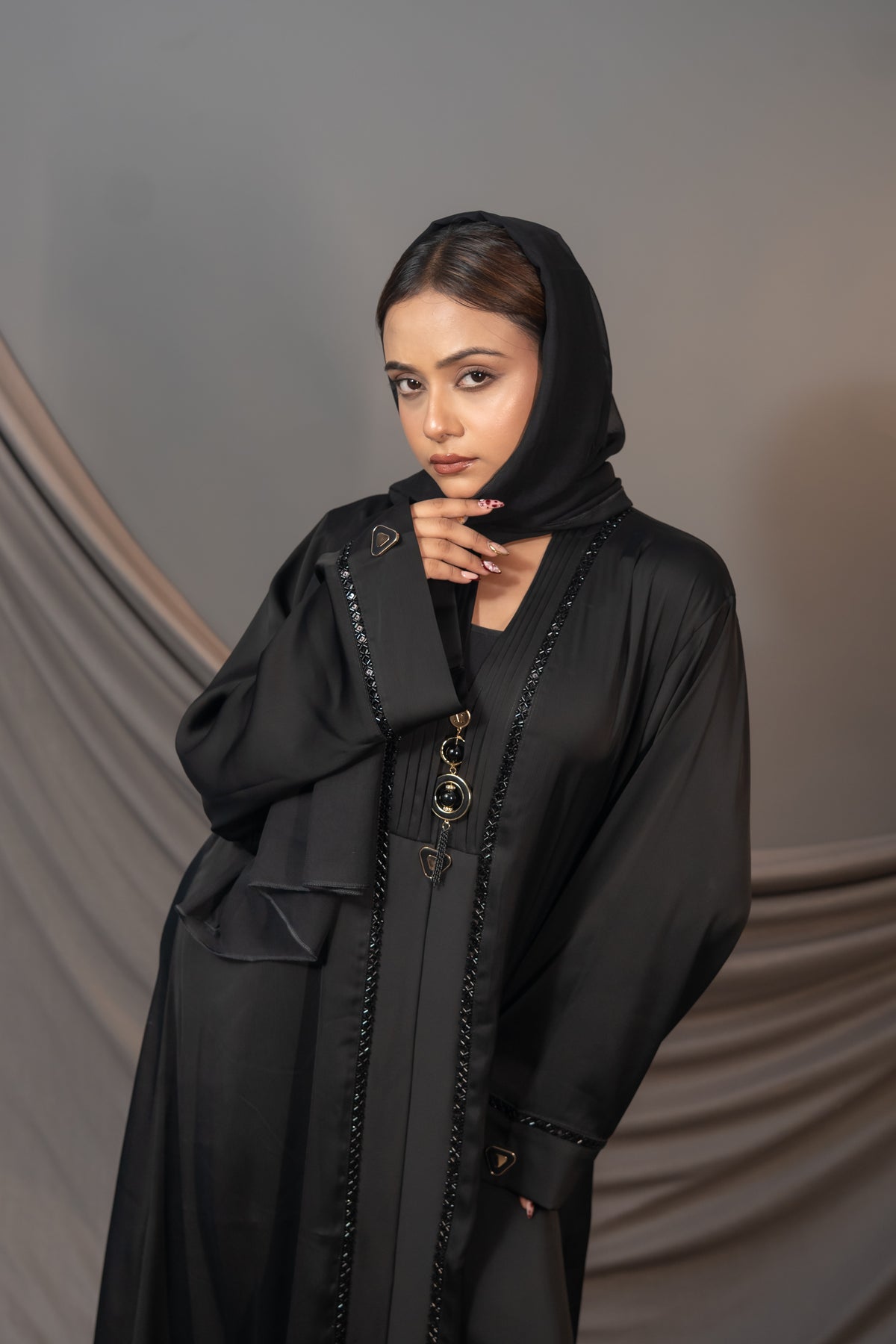 Elysia Black Abaya – Embellished Front & Sleeve Detail