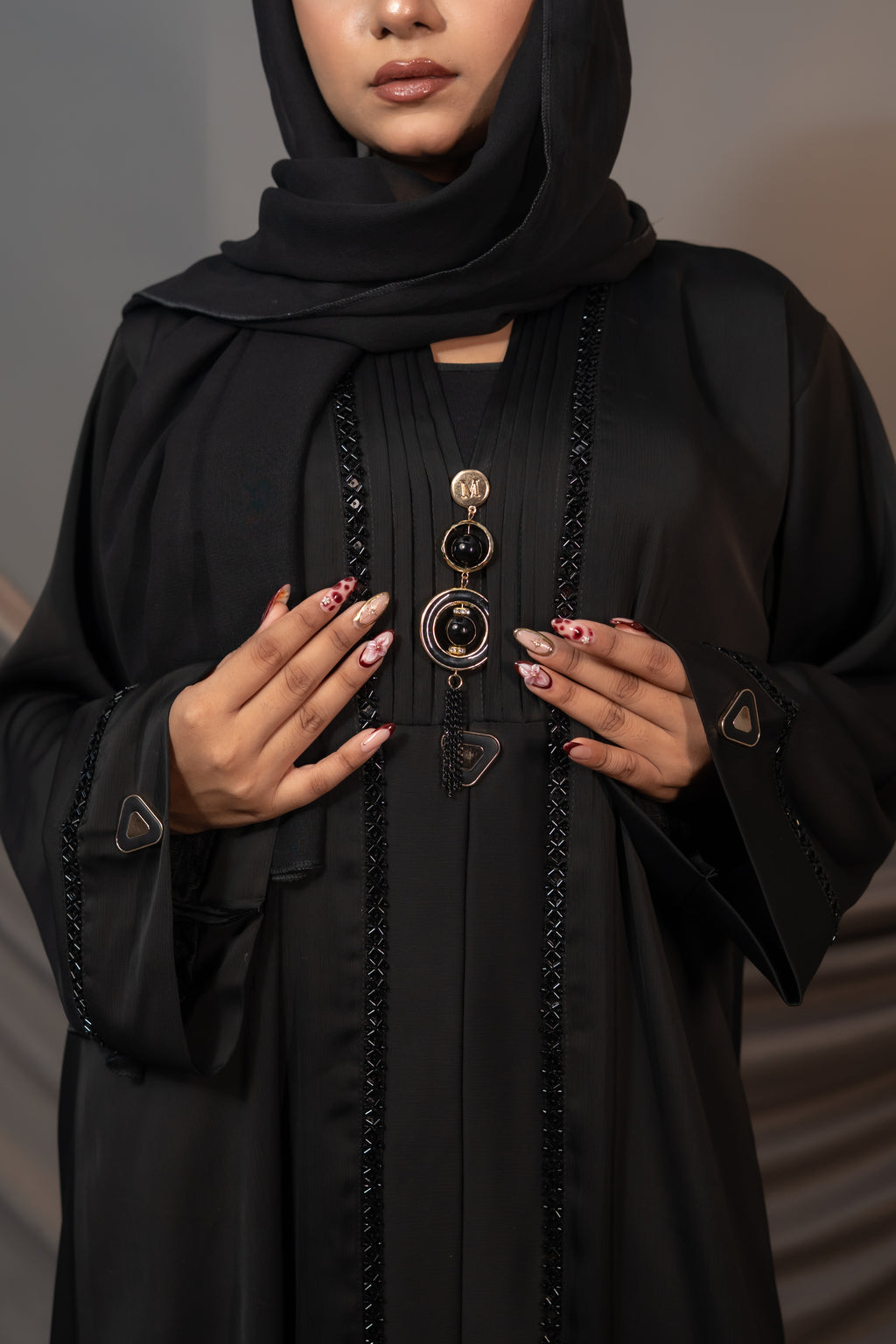 Elysia Black Abaya – Embellished Front & Sleeve Detail