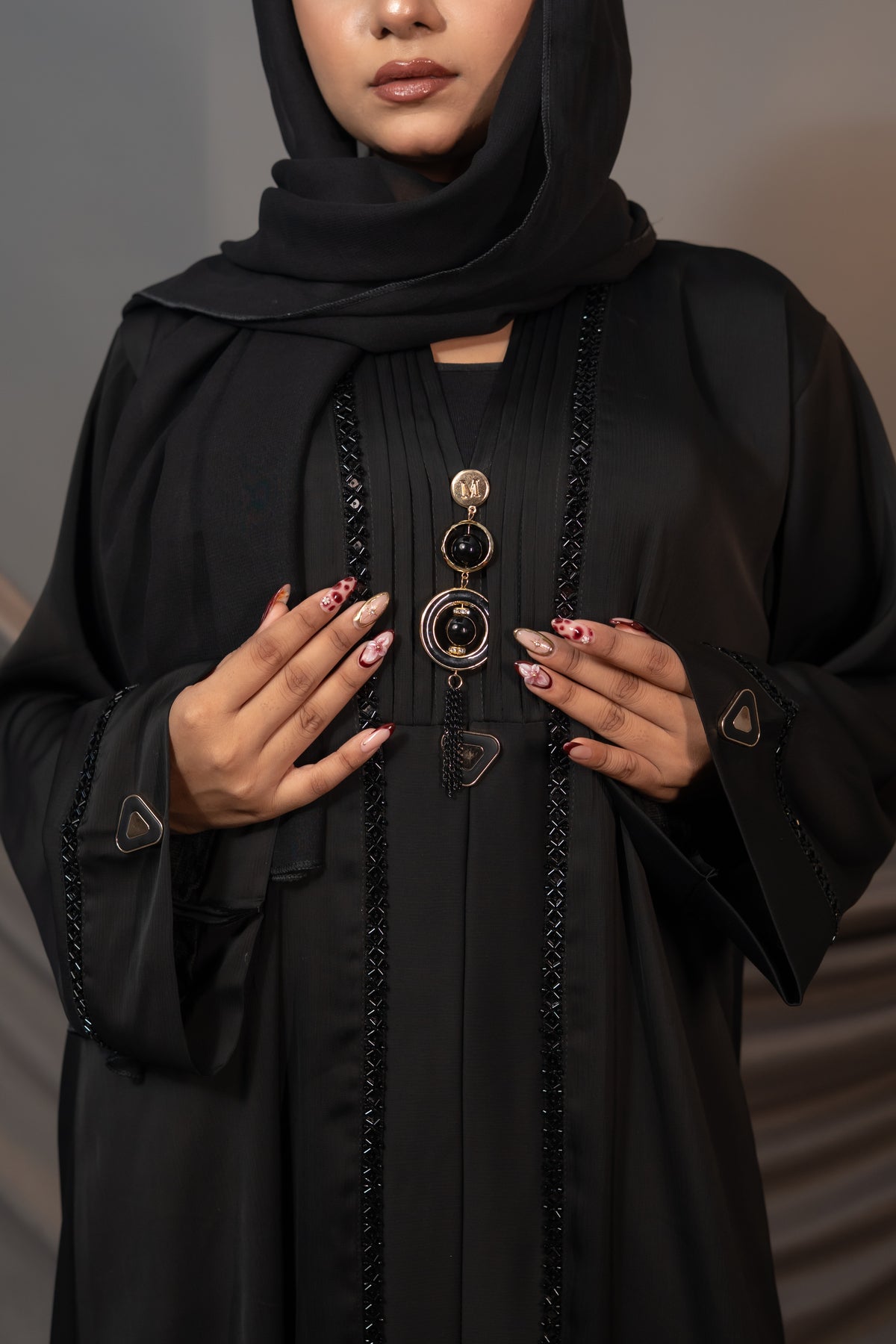 Elysia Black Abaya – Embellished Front & Sleeve Detail