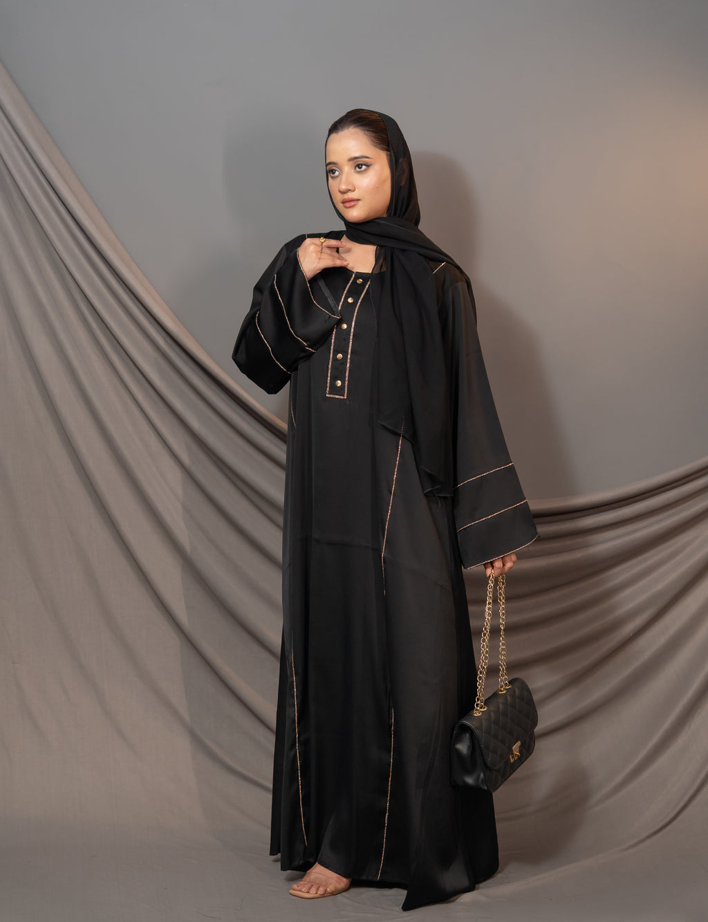 Aurelia Grace Abaya – Black Gold Trim & Button Detail