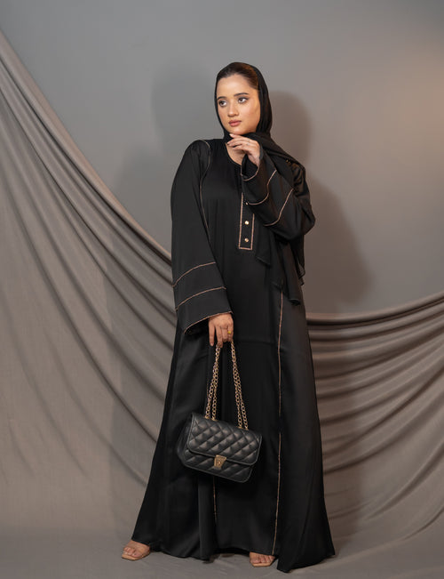 Aurelia Grace Abaya – Black Gold Trim & Button Detail