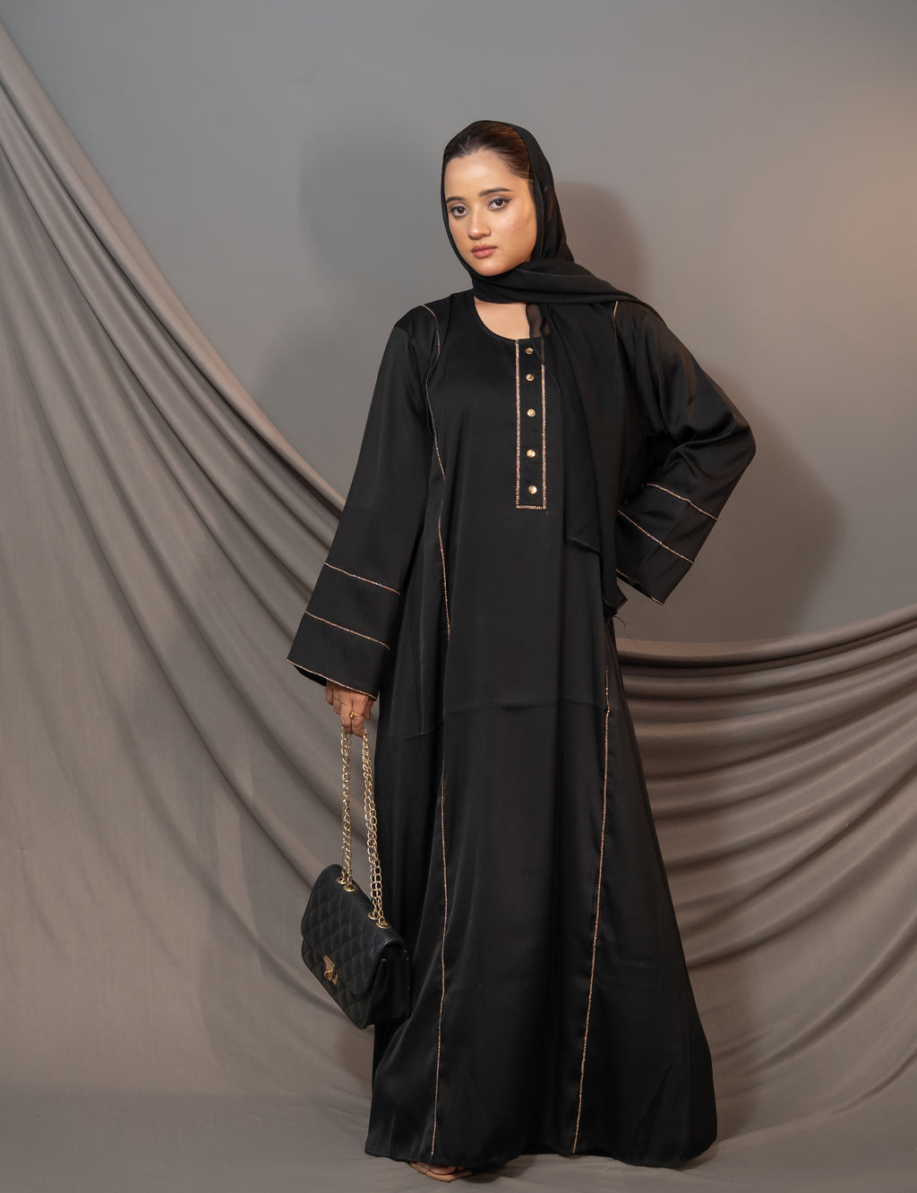 Aurelia Grace Abaya – Black Gold Trim & Button Detail