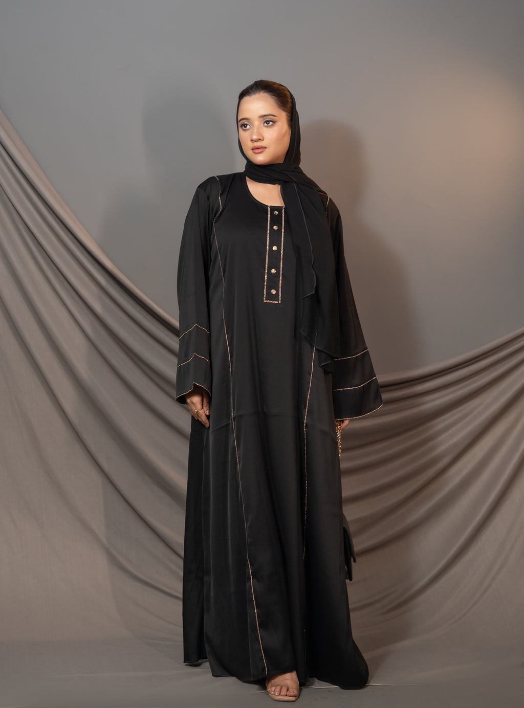 Aurelia Grace Abaya – Black Gold Trim & Button Detail