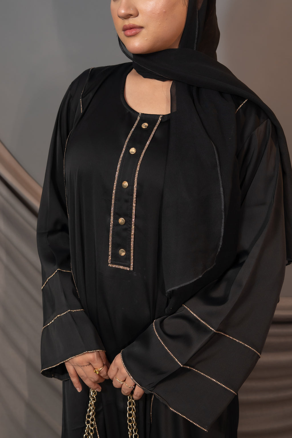 Aurelia Grace Abaya – Black Gold Trim & Button Detail