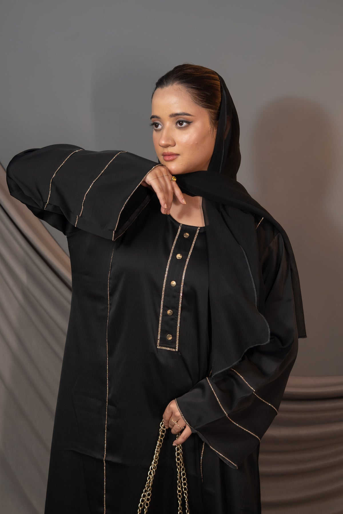 Aurelia Grace Abaya – Black Gold Trim & Button Detail
