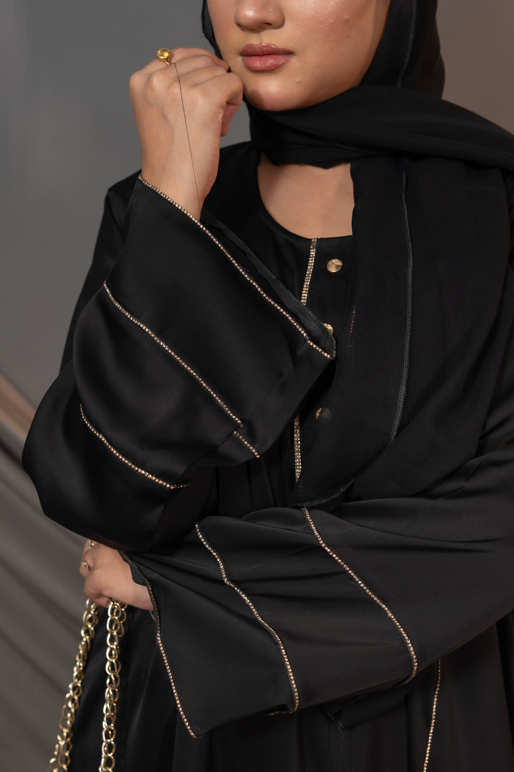 Aurelia Grace Abaya – Black Gold Trim & Button Detail