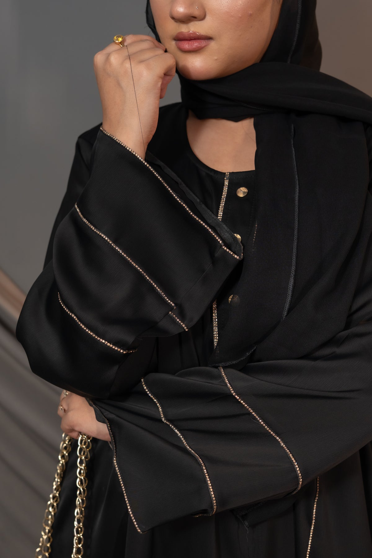 Aurelia Grace Abaya – Black Gold Trim & Button Detail