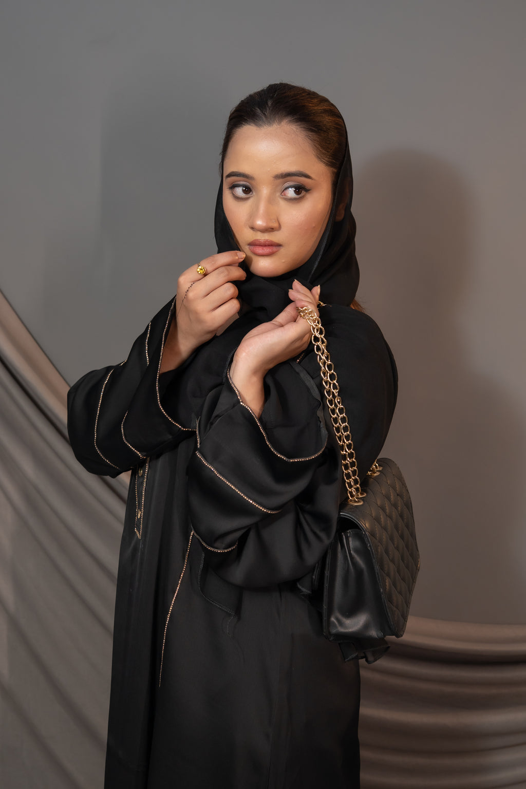 Aurelia Grace Abaya – Black Gold Trim & Button Detail