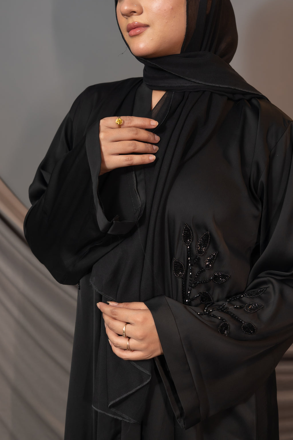 Elara Bloom Abaya – Black Embroidered Sleeve Detail