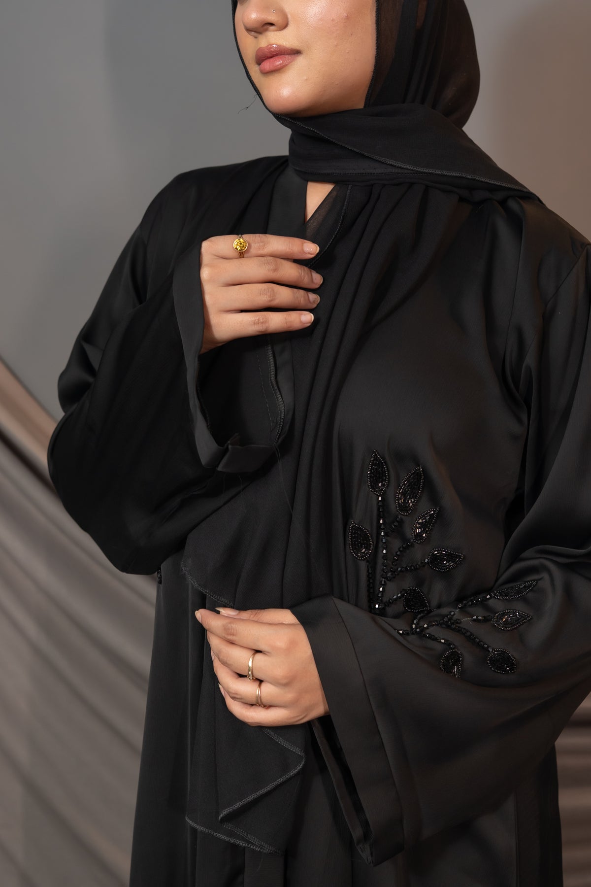 Elara Bloom Abaya – Black Embroidered Sleeve Detail