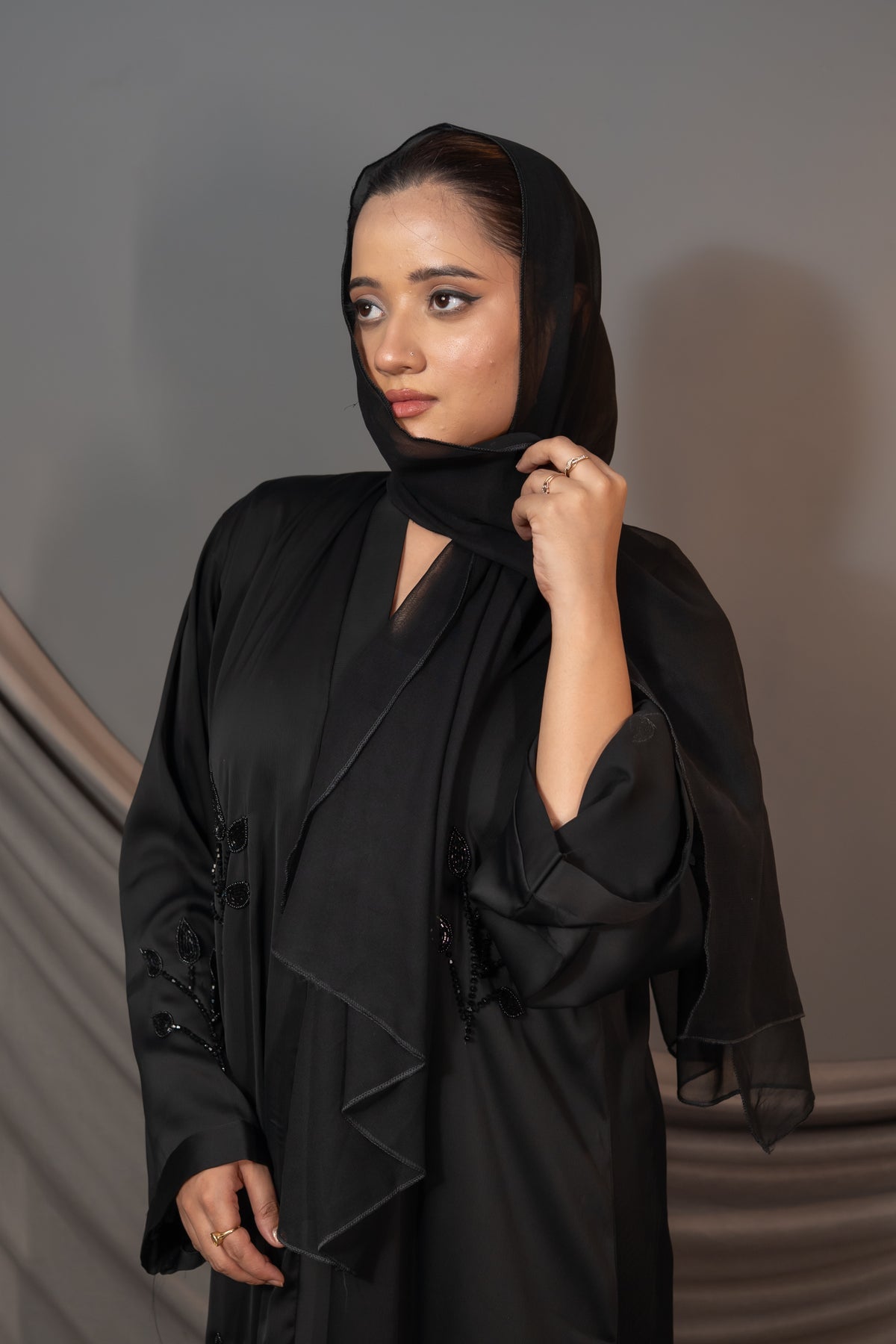 Elara Bloom Abaya – Black Embroidered Sleeve Detail