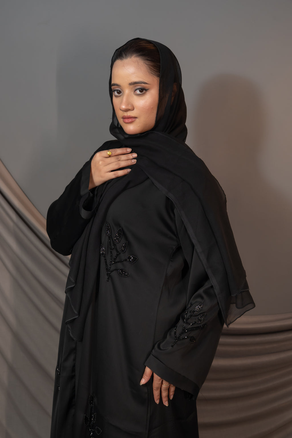 Elara Bloom Abaya – Black Embroidered Sleeve Detail