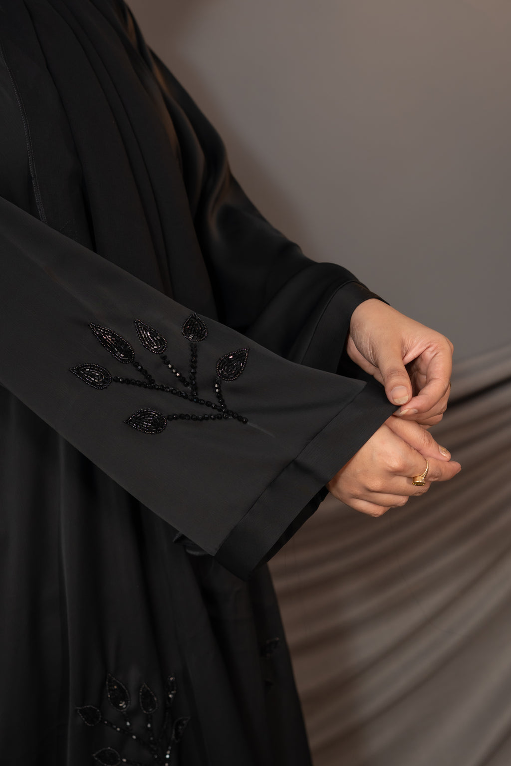 Elara Bloom Abaya – Black Embroidered Sleeve Detail