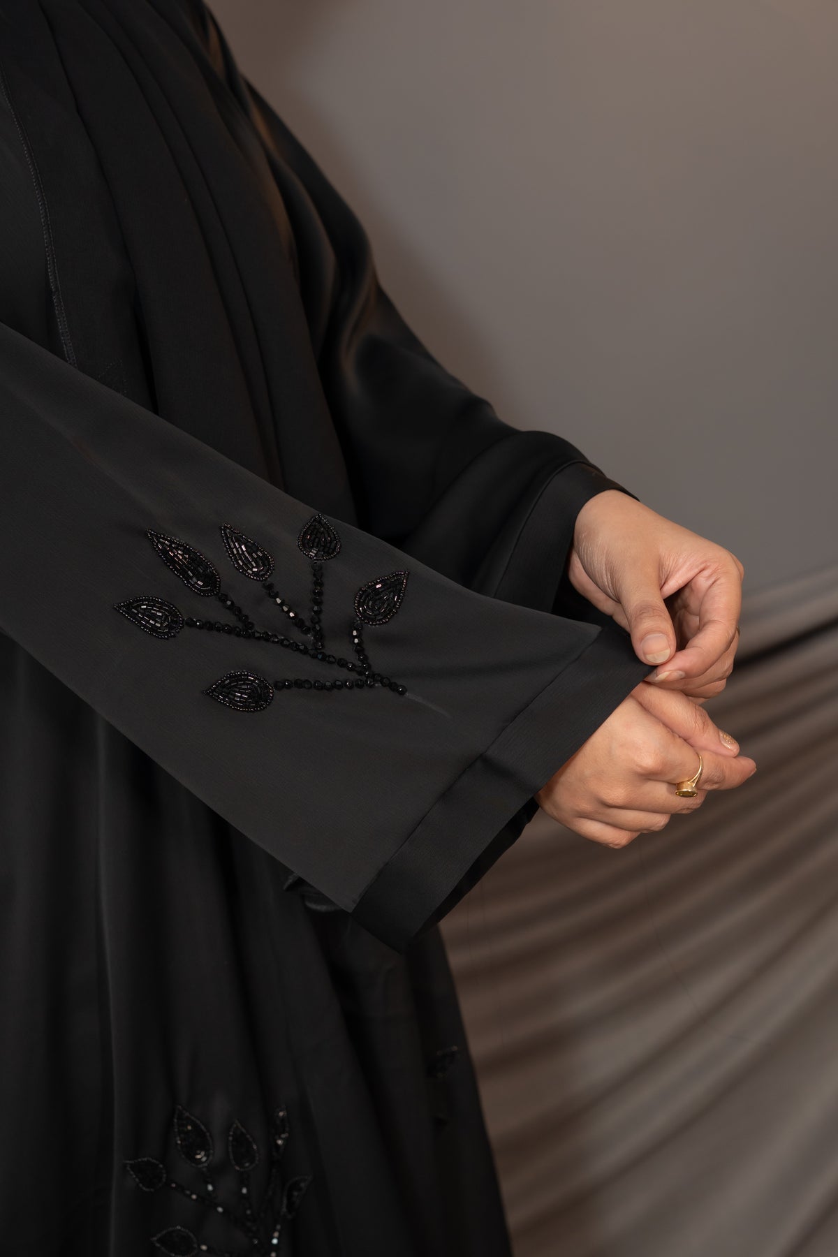 Elara Bloom Abaya – Black Embroidered Sleeve Detail