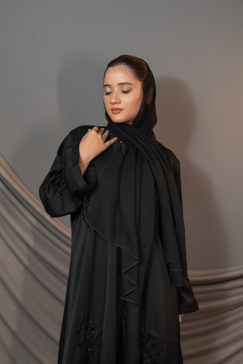Elara Bloom Abaya – Black Embroidered Sleeve Detail