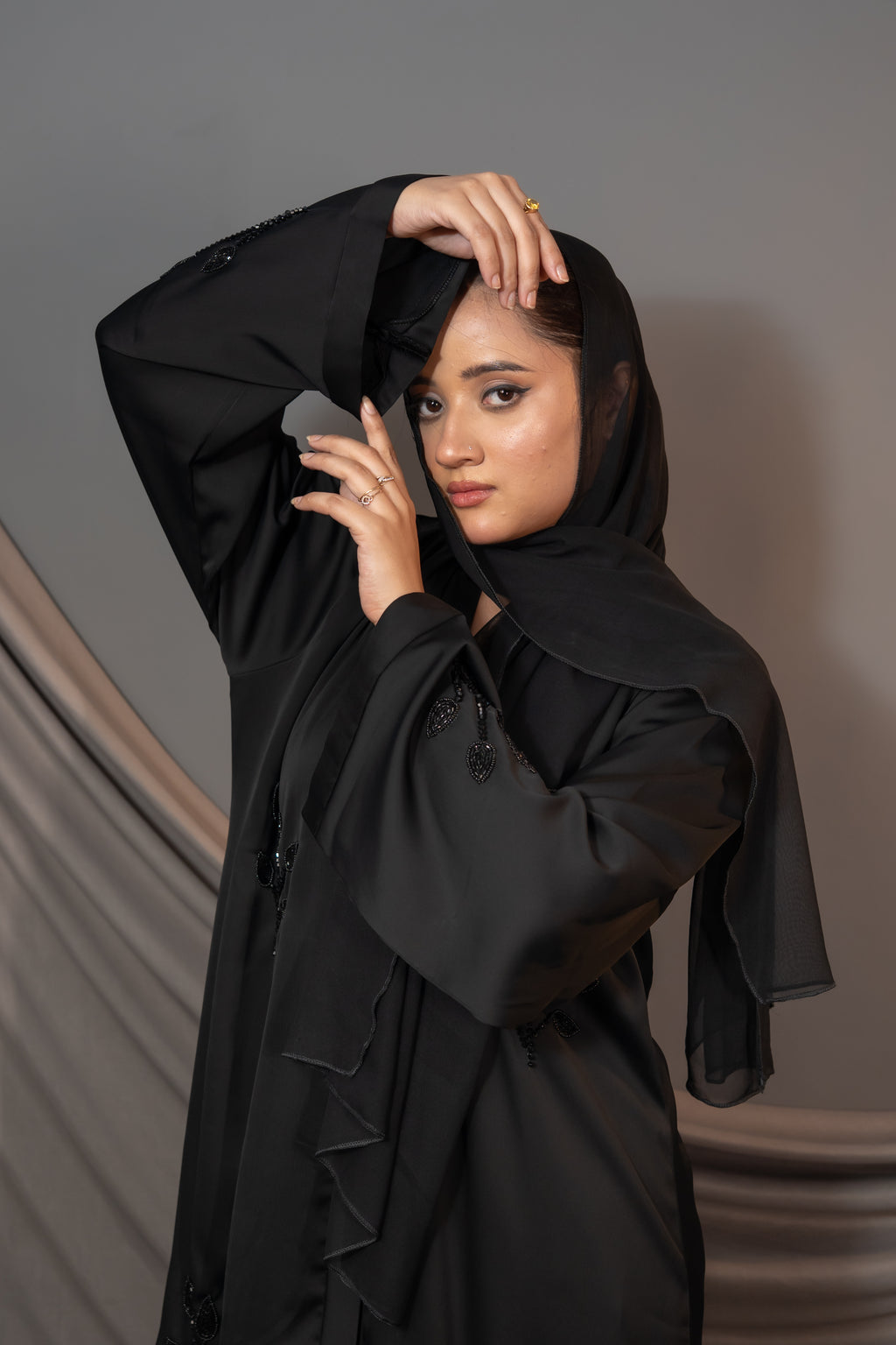 Elara Bloom Abaya – Black Embroidered Sleeve Detail