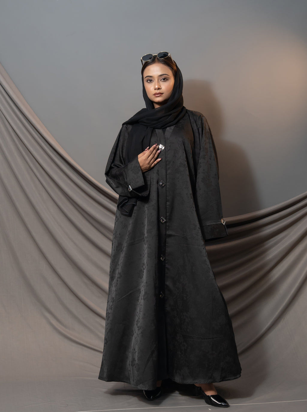 Bloom Abaya – Black Floral Textured Button Detail
