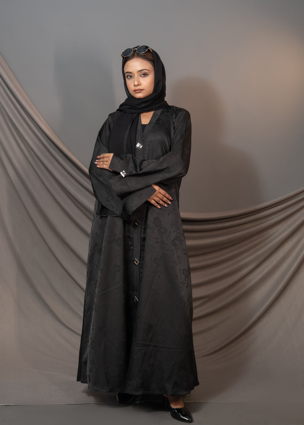 Bloom Abaya – Black Floral Textured Button Detail