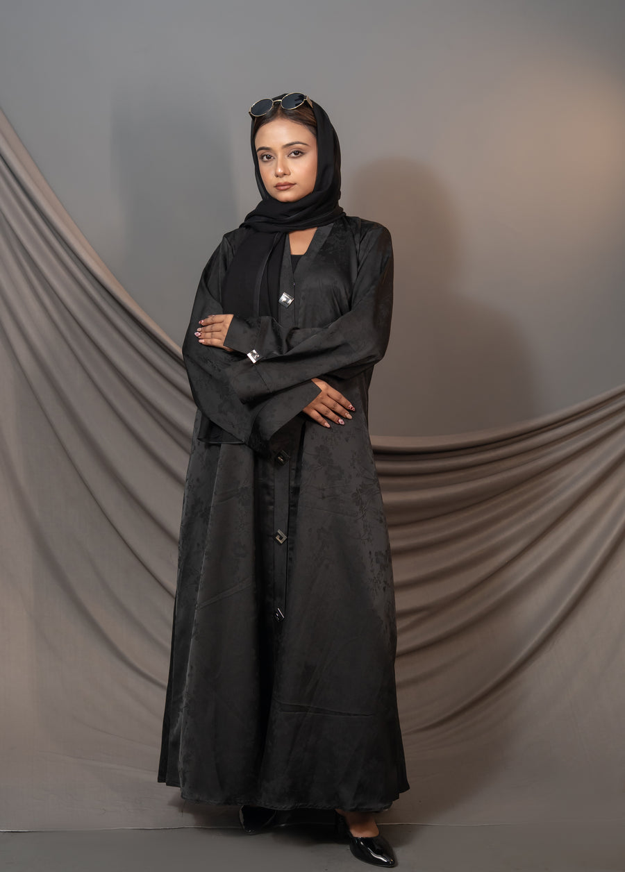 Bloom Abaya – Black Floral Textured Button Detail