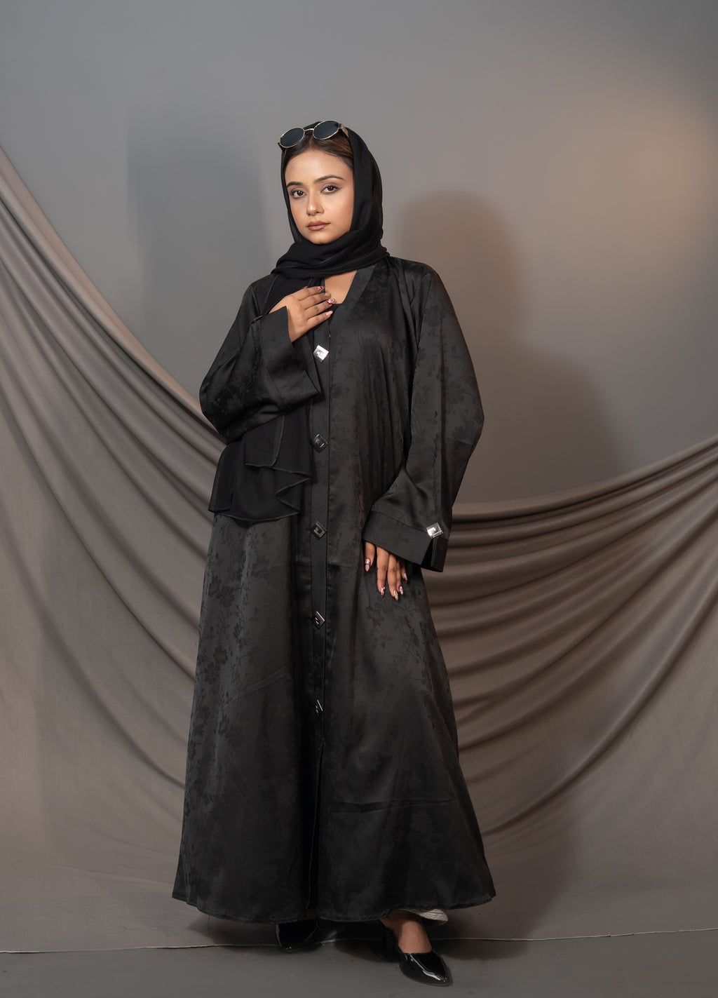 Bloom Abaya – Black Floral Textured Button Detail