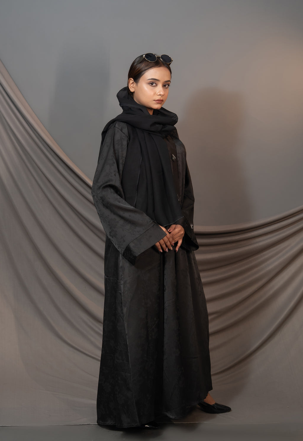 Bloom Abaya – Black Floral Textured Button Detail