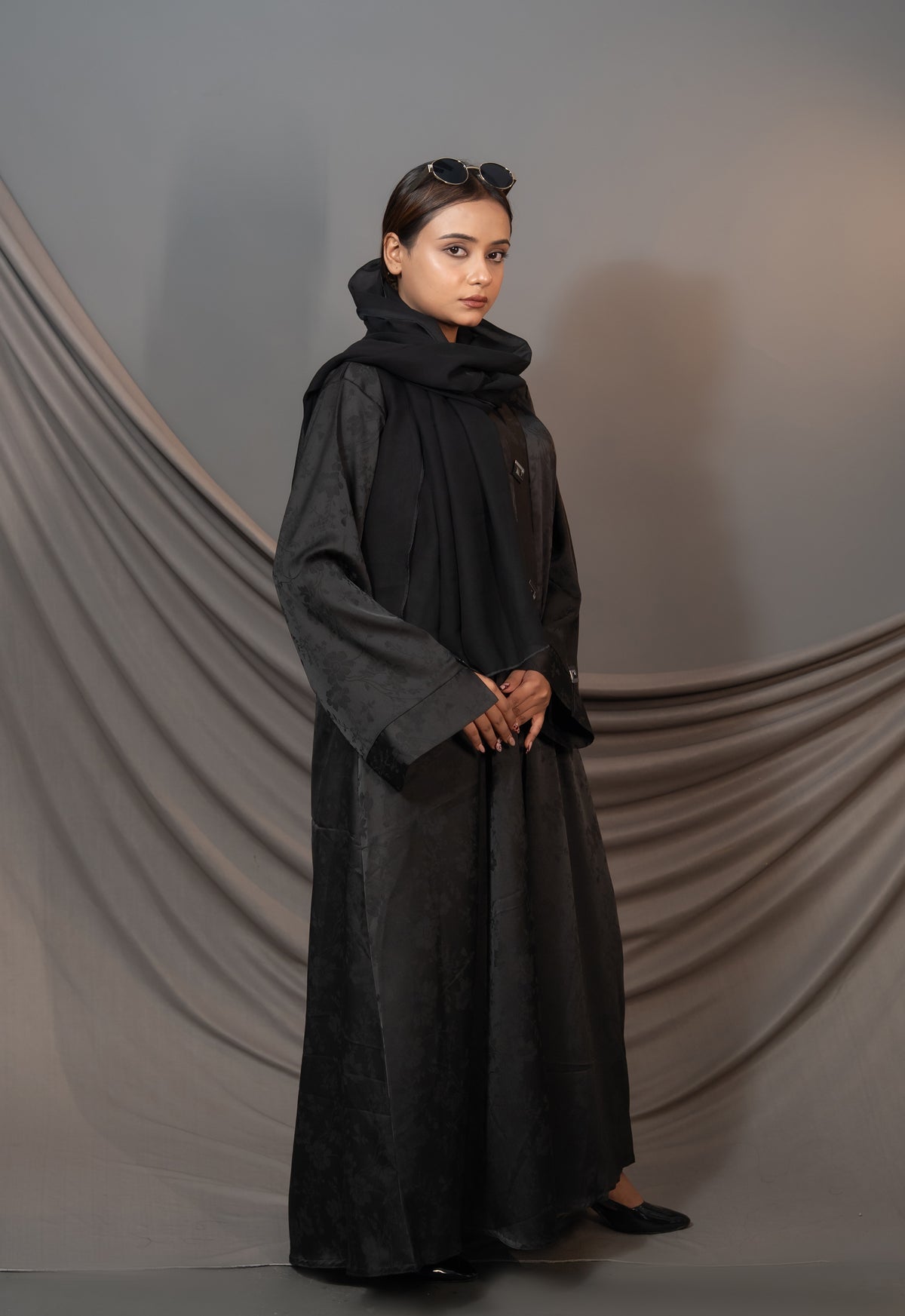 Bloom Abaya – Black Floral Textured Button Detail