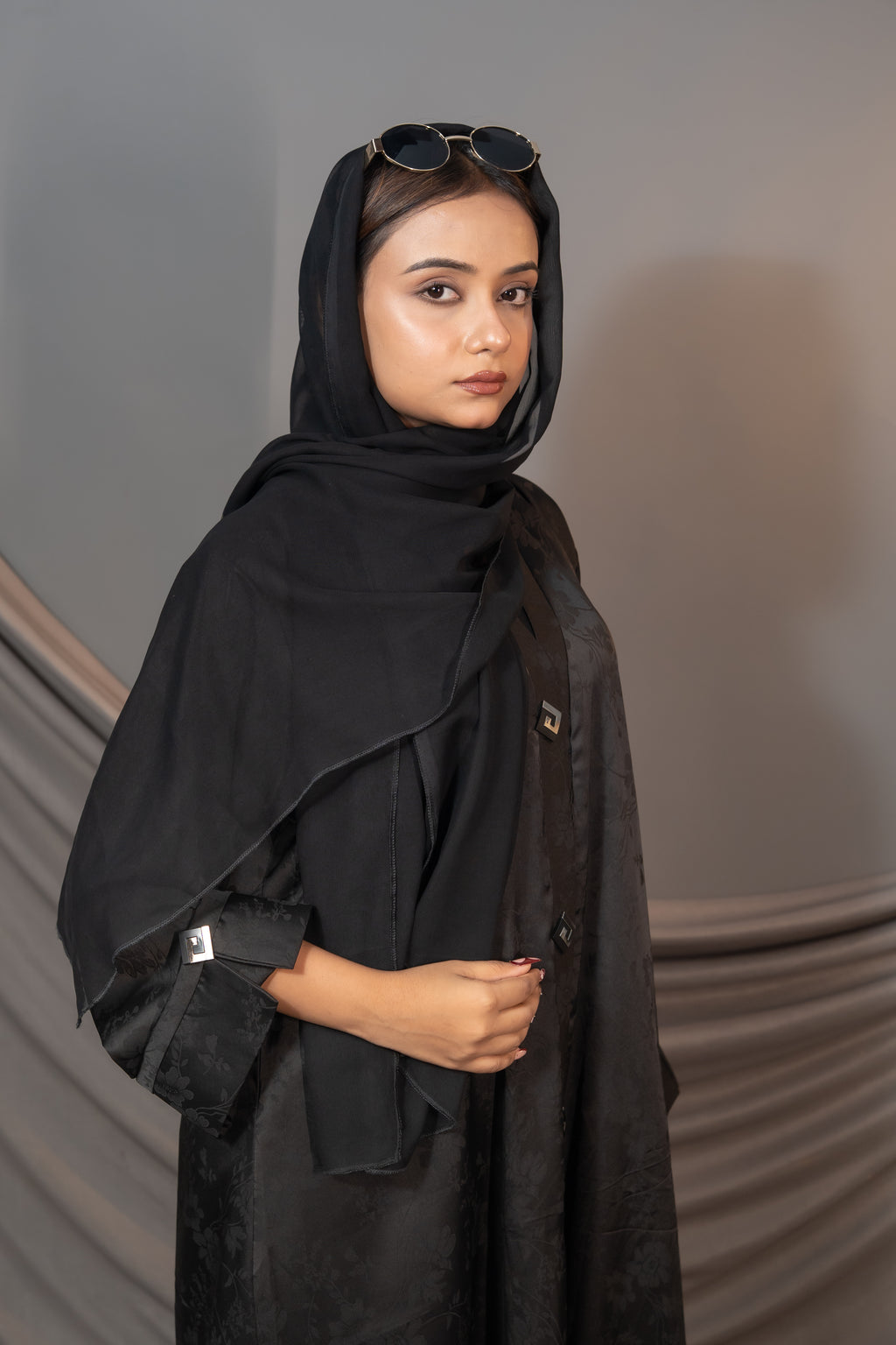 Bloom Abaya – Black Floral Textured Button Detail