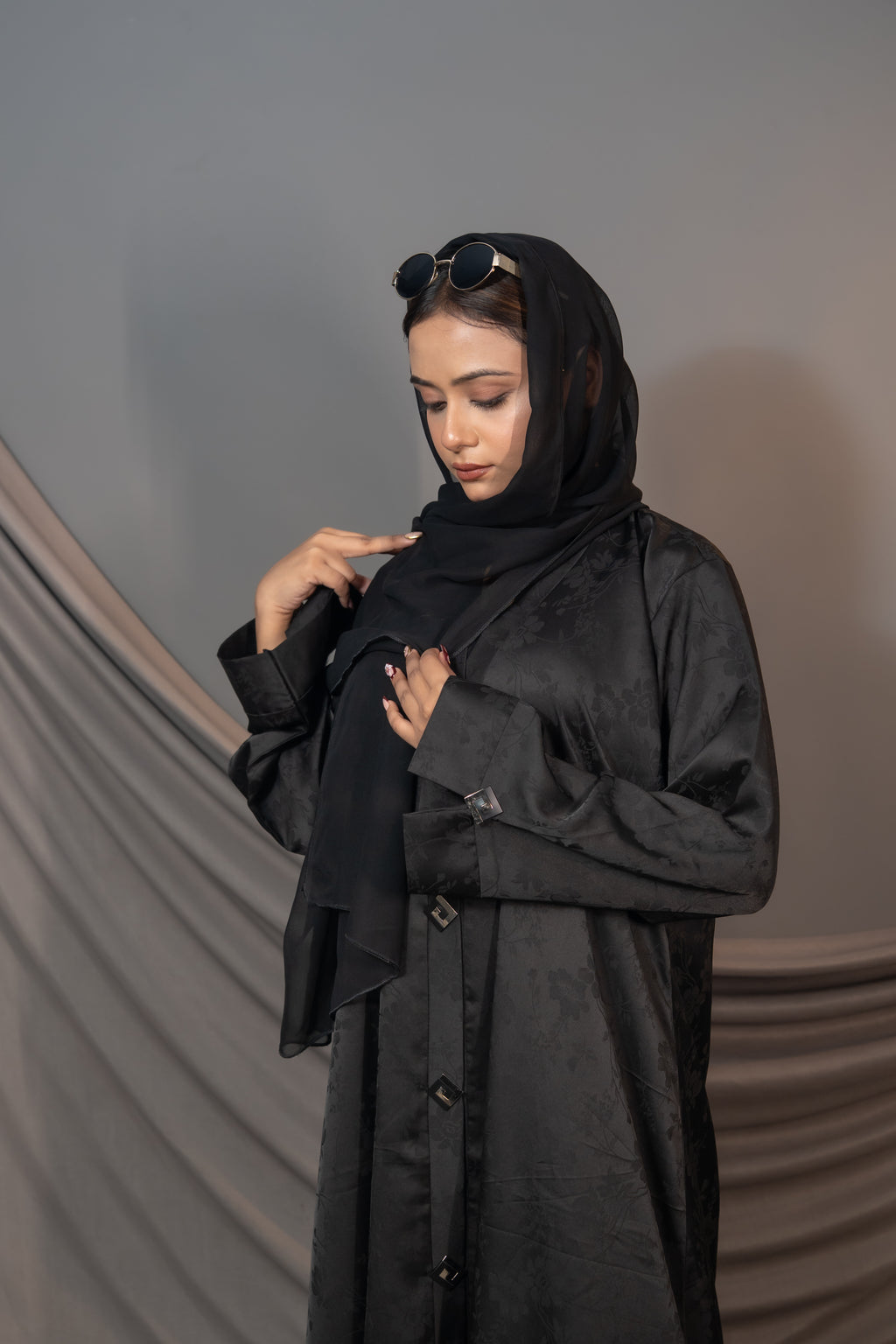 Bloom Abaya – Black Floral Textured Button Detail