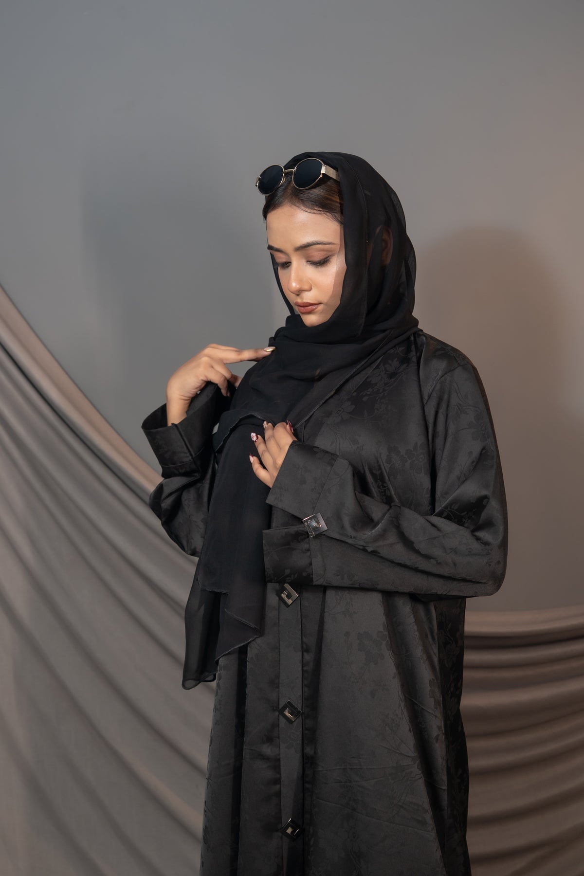 Bloom Abaya – Black Floral Textured Button Detail