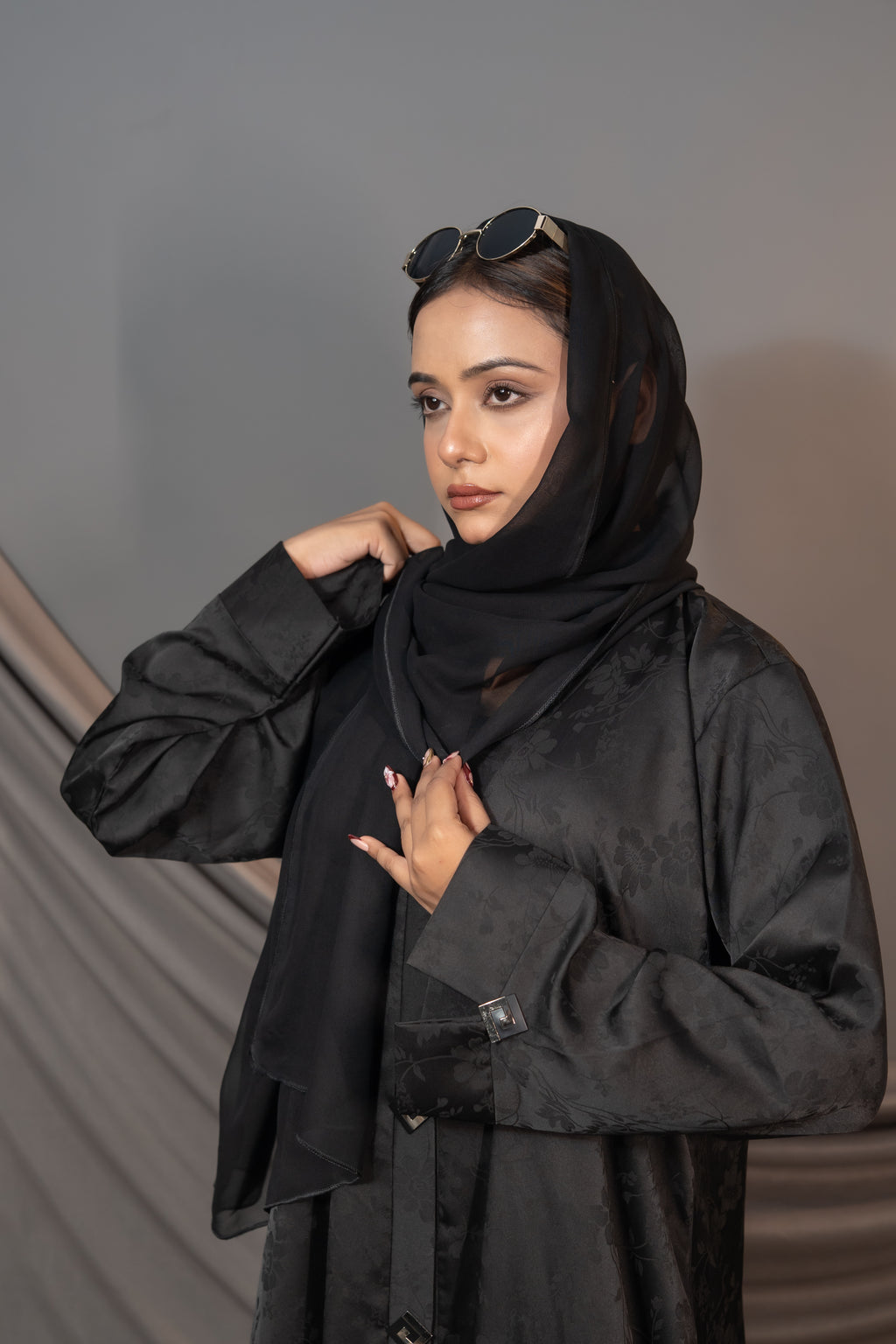 Bloom Abaya – Black Floral Textured Button Detail