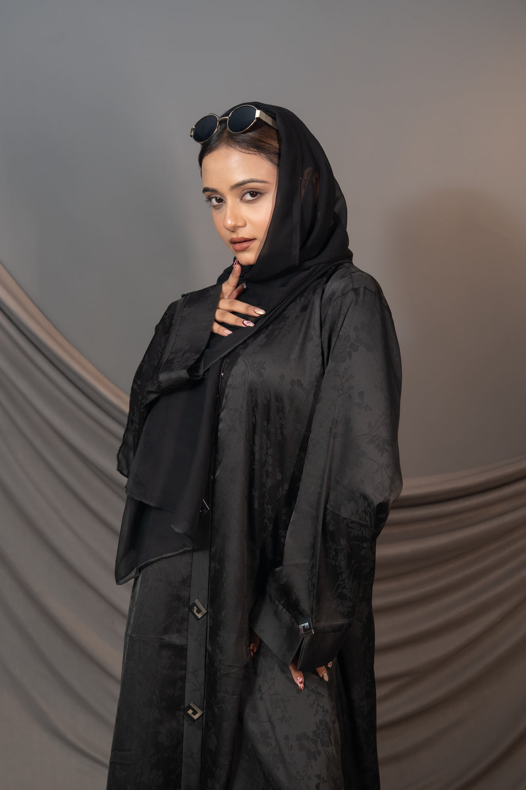 Bloom Abaya – Black Floral Textured Button Detail