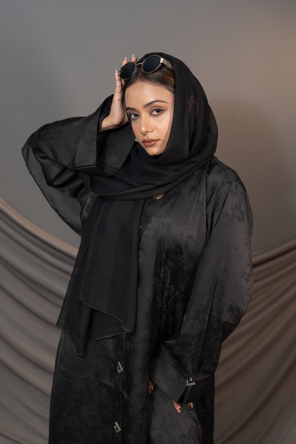 Bloom Abaya – Black Floral Textured Button Detail