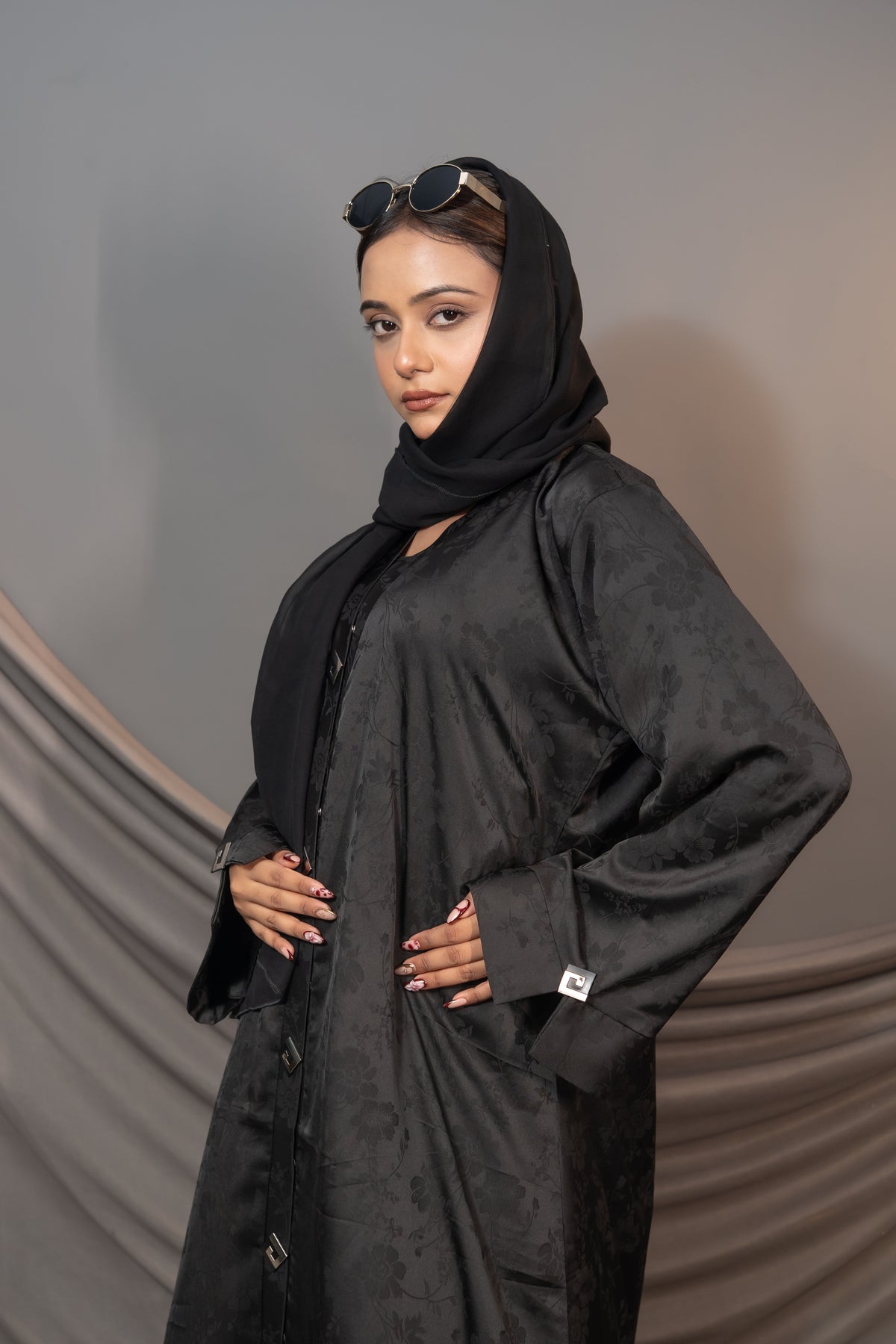 Bloom Abaya – Black Floral Textured Button Detail
