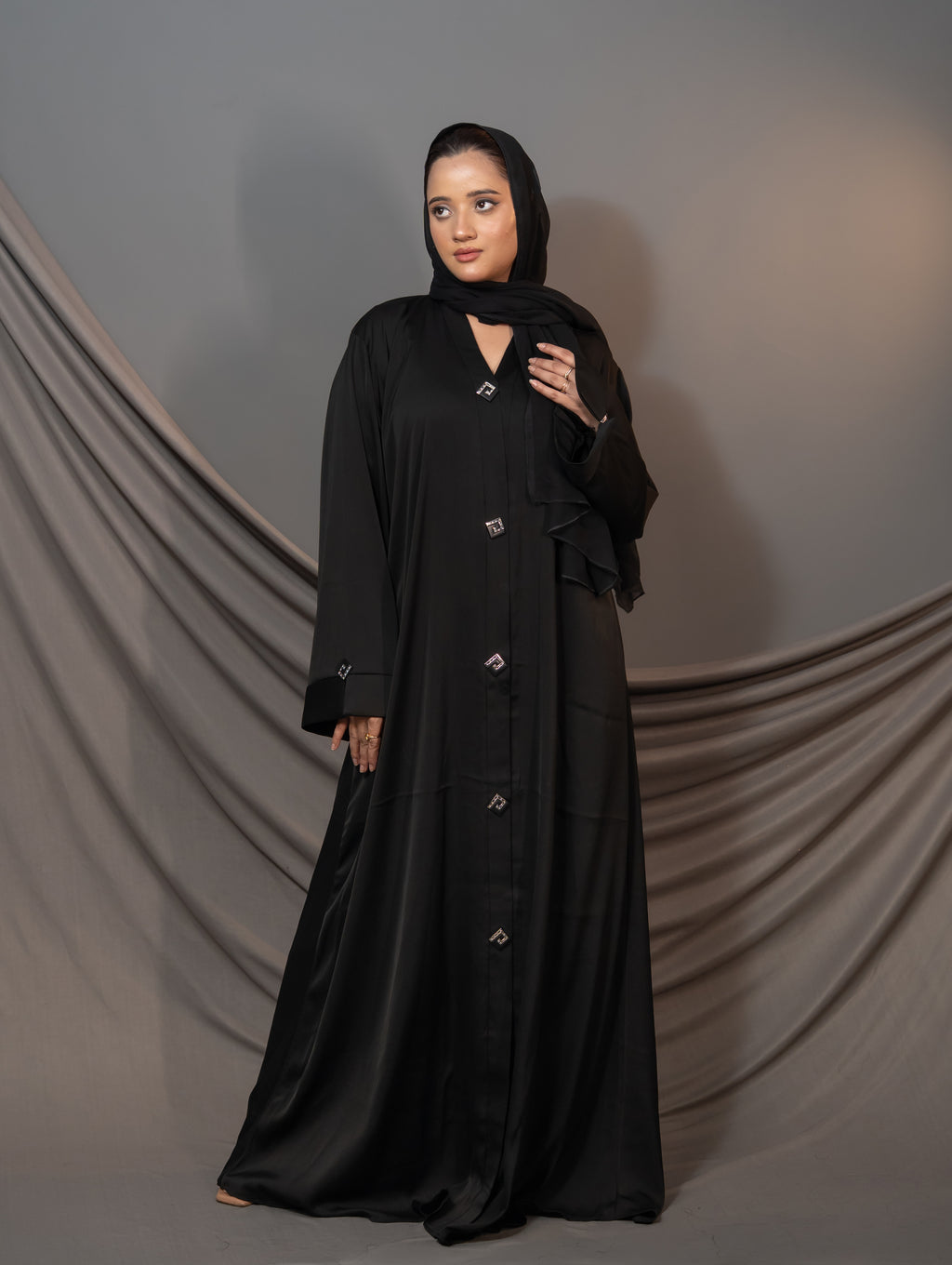 Seraphine Noir Abaya – Black Crystal Buckle Front Detail